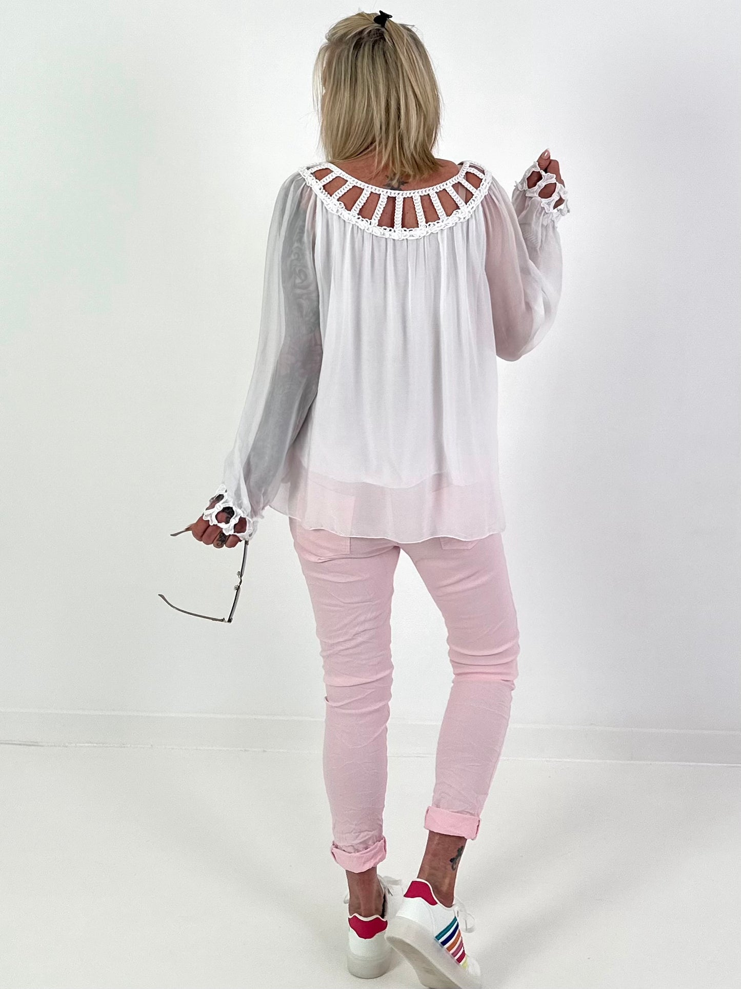 Silk Tunic with Crocheted Neckline - White