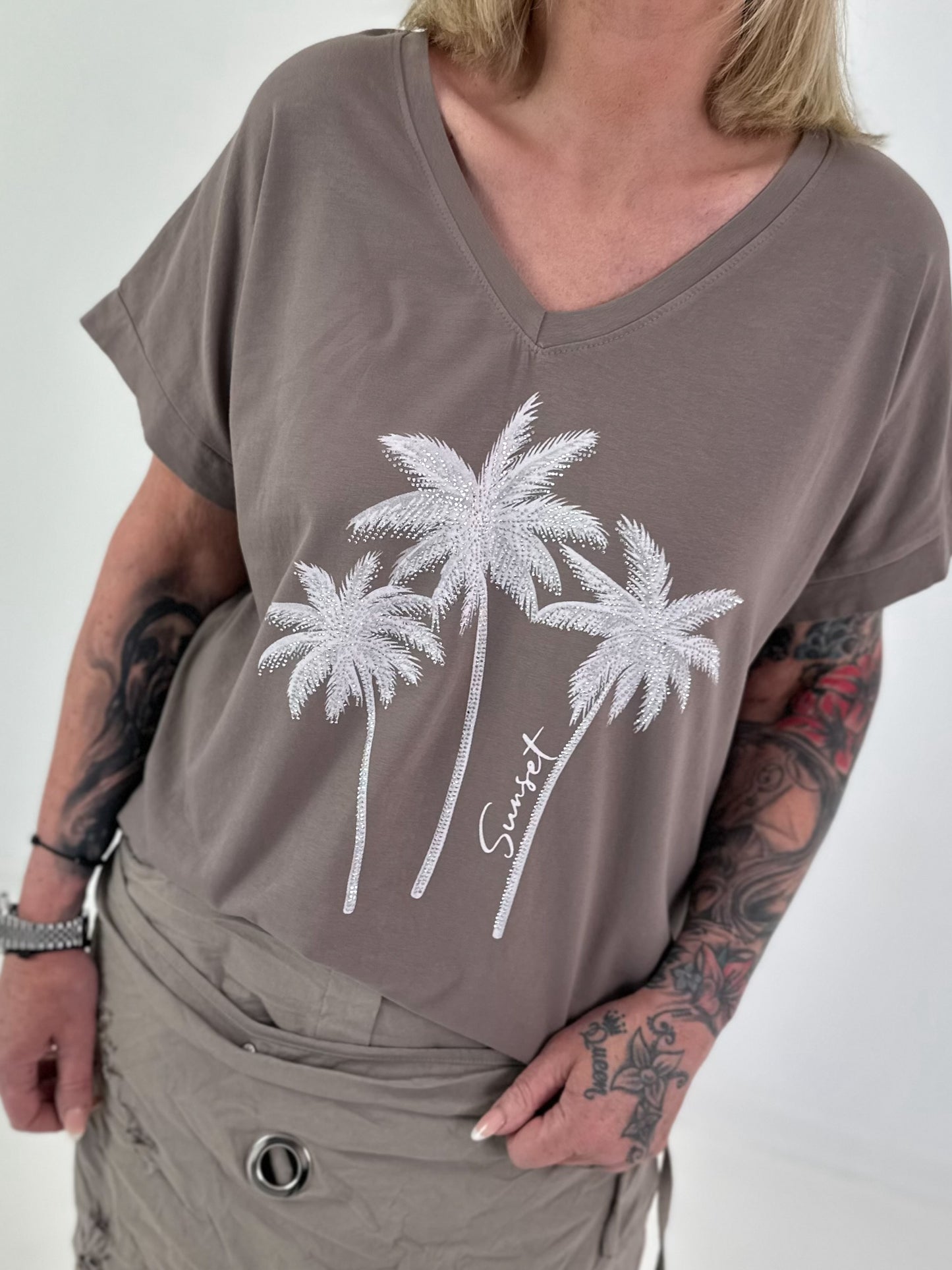 T-shirt with glitter palms - taupe