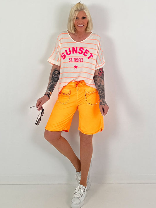 T-Shirt mit Streifen Sunset - ecru-neonorange