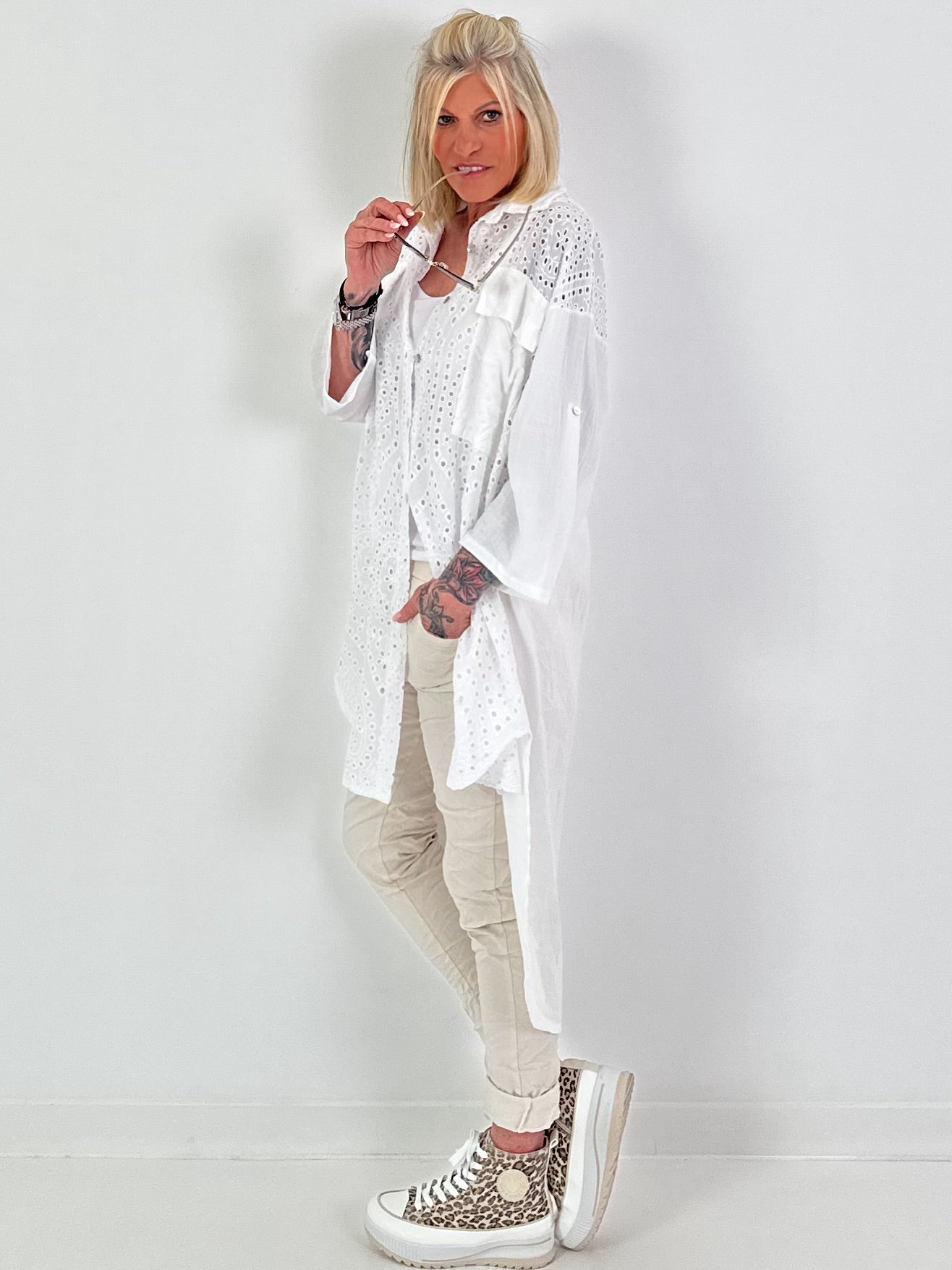 Long linen blouse with eyelet embroidery - white