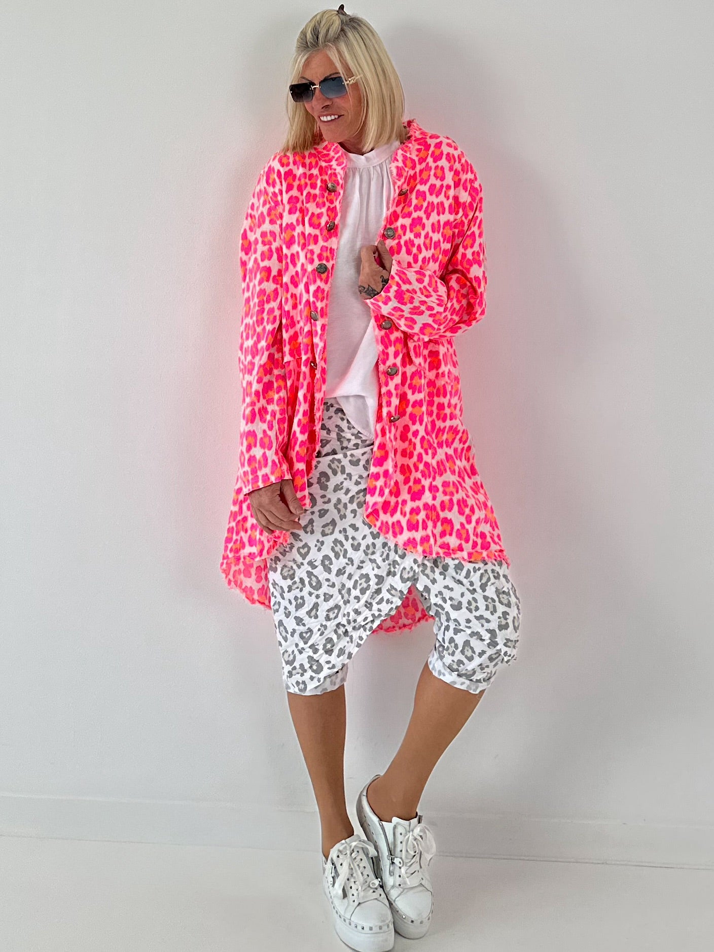 Oversized Leinen-Military Mantel Leo - weiss-neonpink-neonorange
