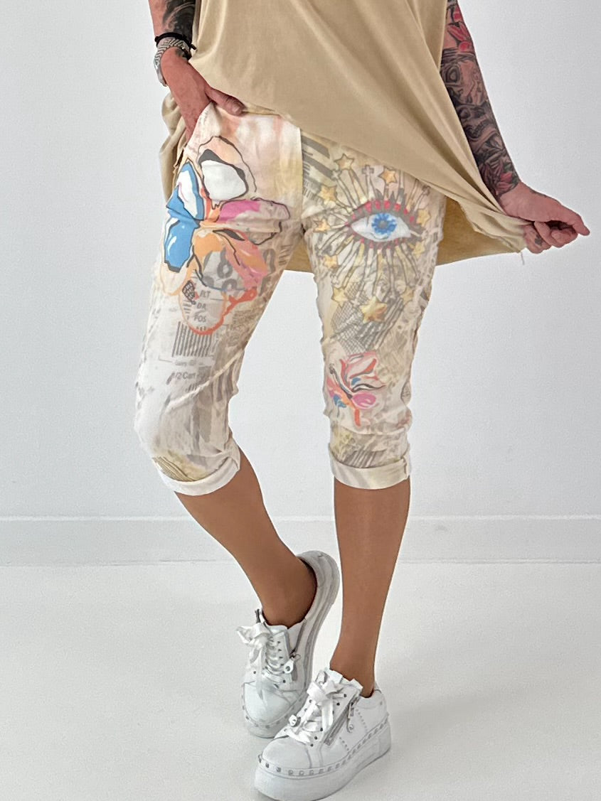 Capri Hose mit Allover-Print - gelb-beige-mehrfarbig