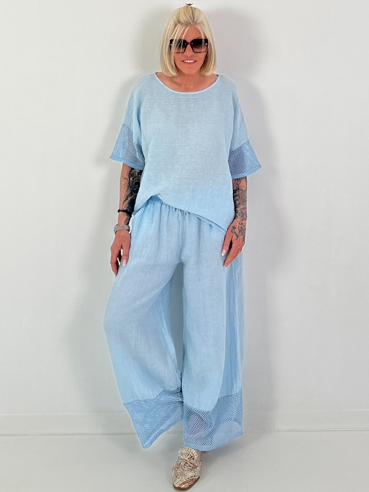 Wide-leg linen trousers - light blue