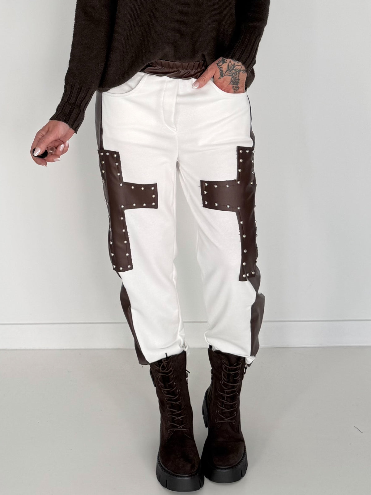 Sweathose im Materialmix - weiss-mokka