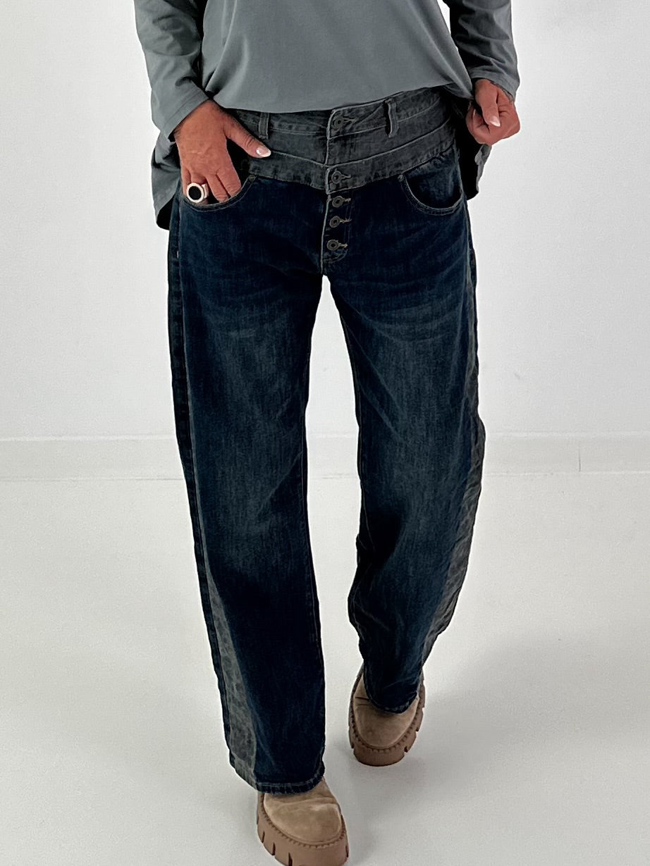 Jeans with double waistband and leopard details - denim-grey