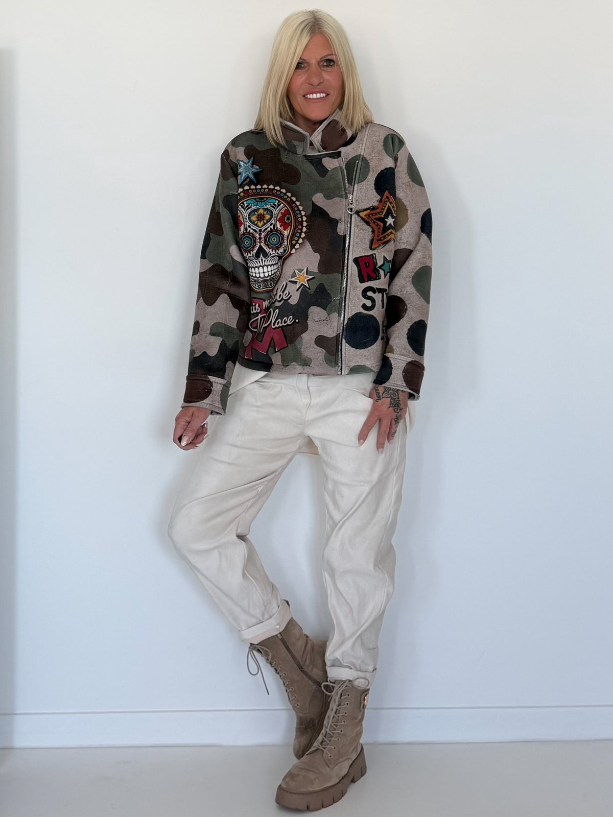 Biker Jacke Rockstar - oliv-beige-mehrfarbig