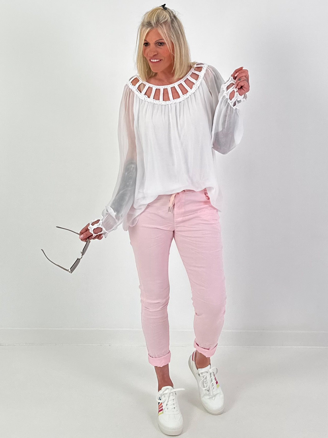 Silk Tunic with Crocheted Neckline - White
