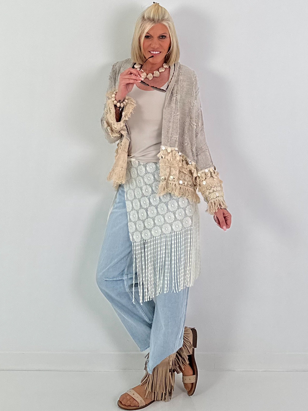 Boho-jasje met uitgebreide details - beige-blauw