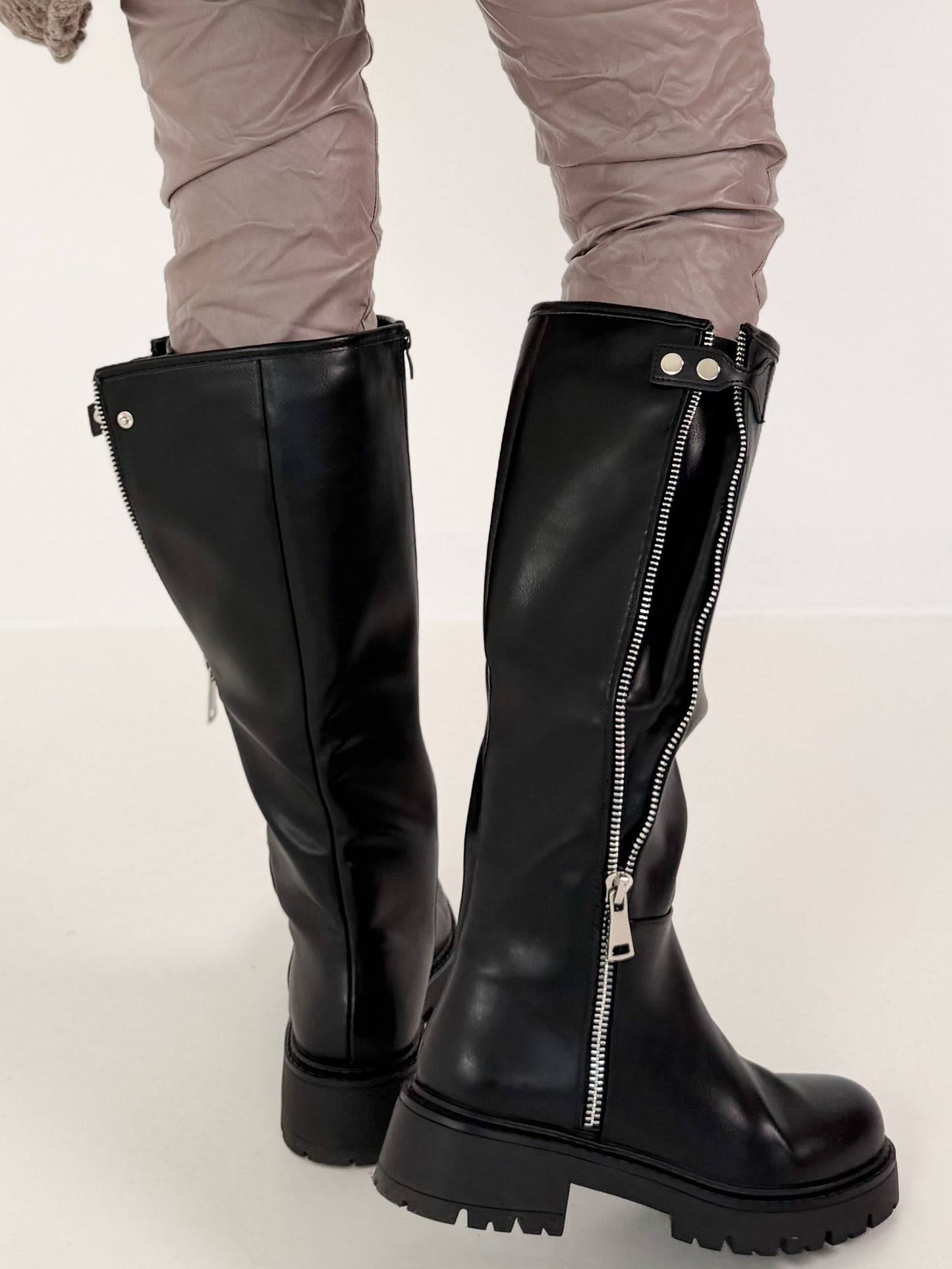 Leather-look boots with elaborate zipper details - black