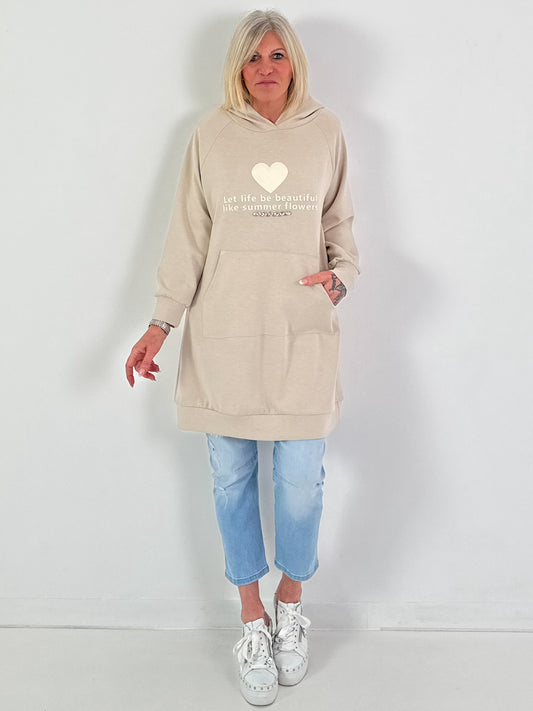 Long Hoodie/Kleid Modell "Let Life be beautiful" - beige