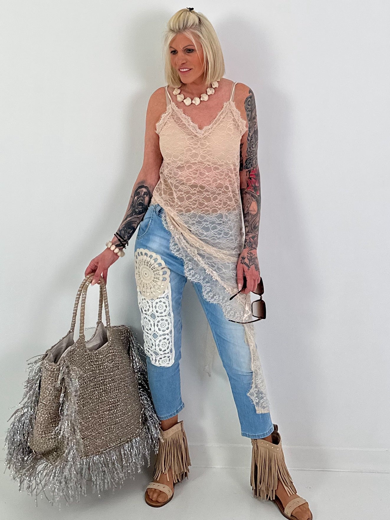 Long lace top asymmetric - beige