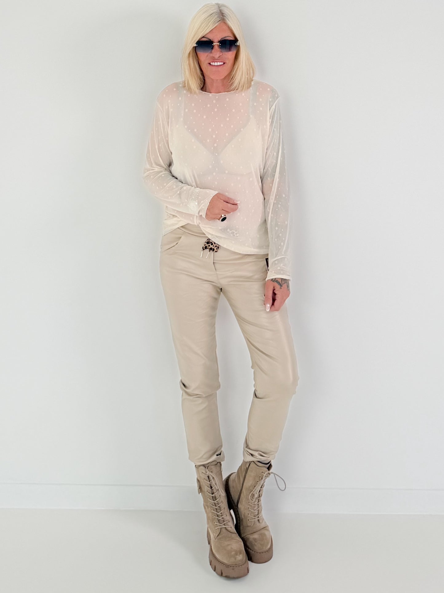 Vegan leather trousers with patch - beige