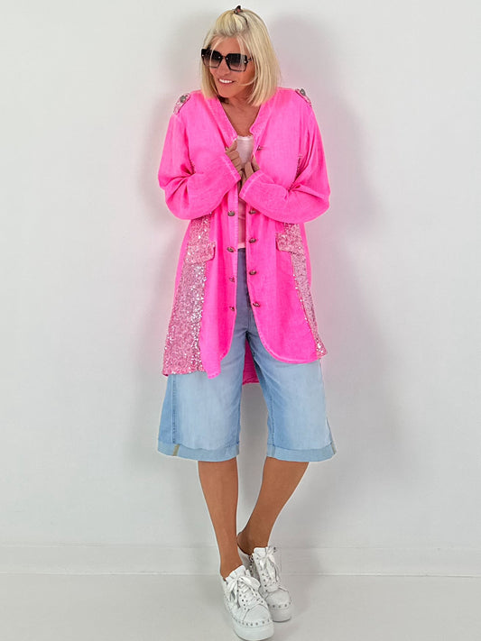 Oversized Leinen-Military Blazer - neonpink