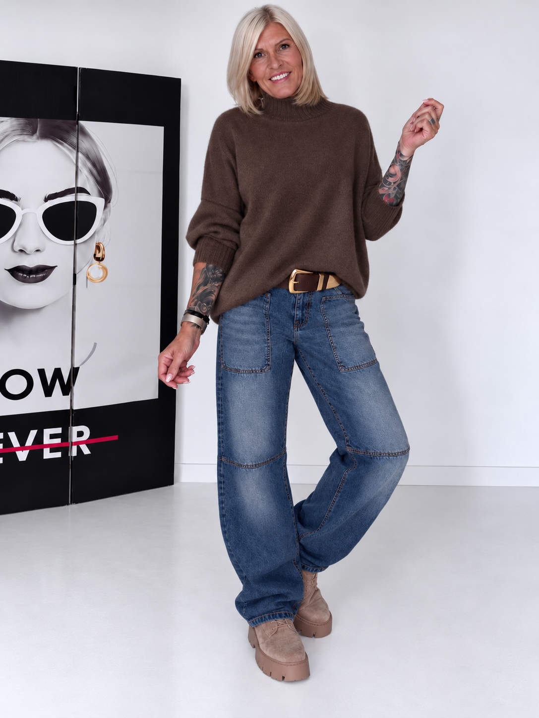 Stretch belt with gold buckle - mocha