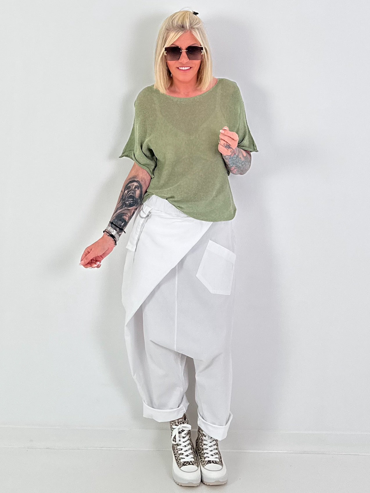 Summer knit sweater with short sleeves - khaki