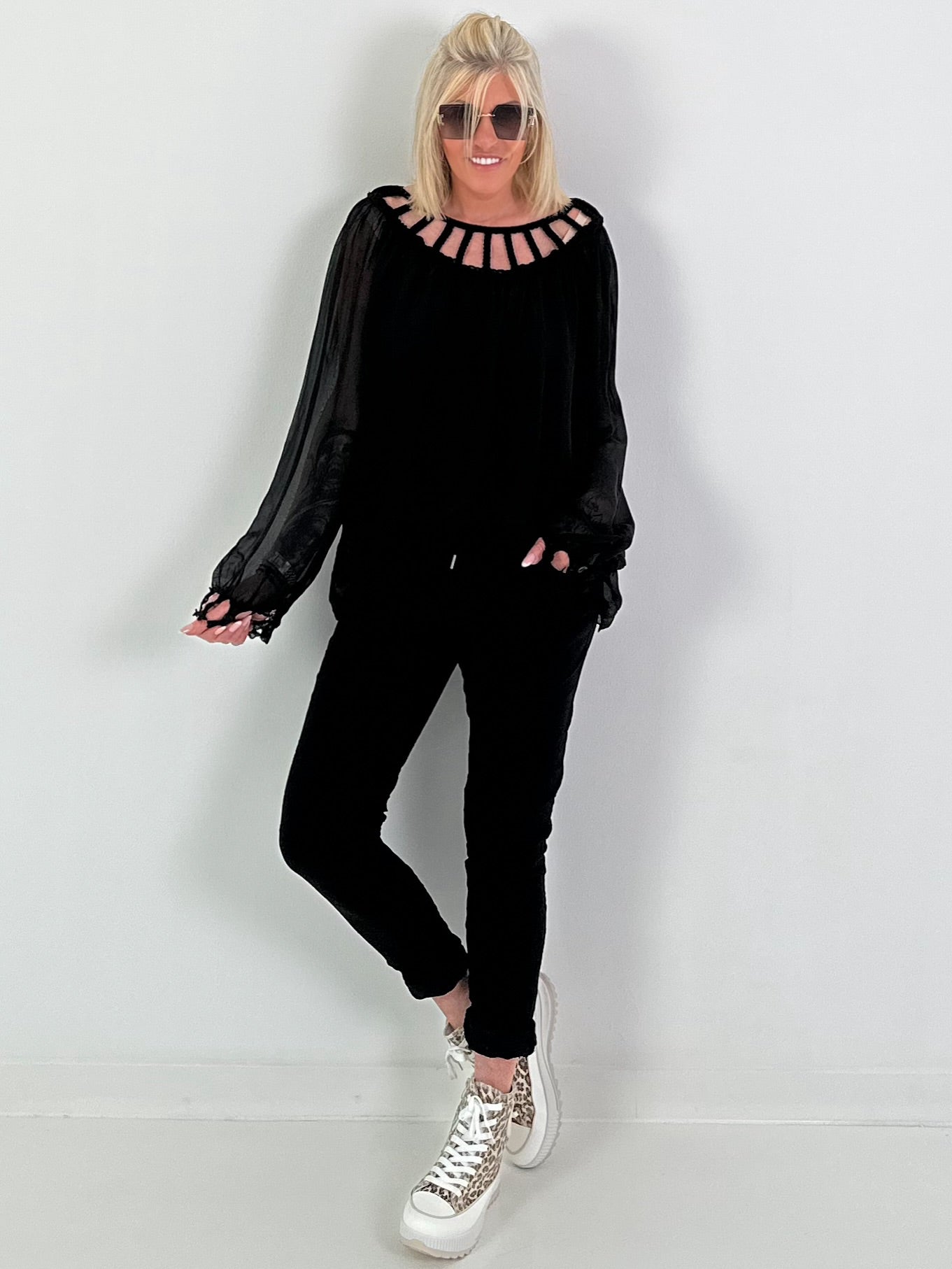 Silk tunic with crocheted neckline - black