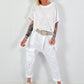 Crochet T-shirt with asymmetrical fringes - white