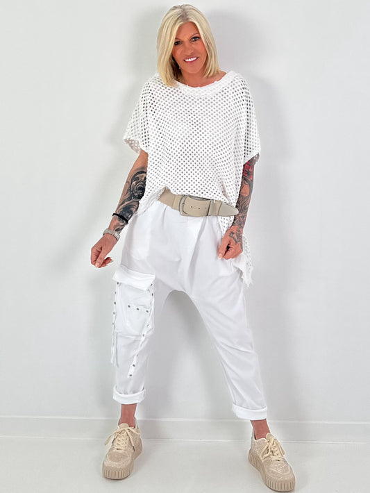 Häkelshirt mit Fransen asymmetrisch - weiss