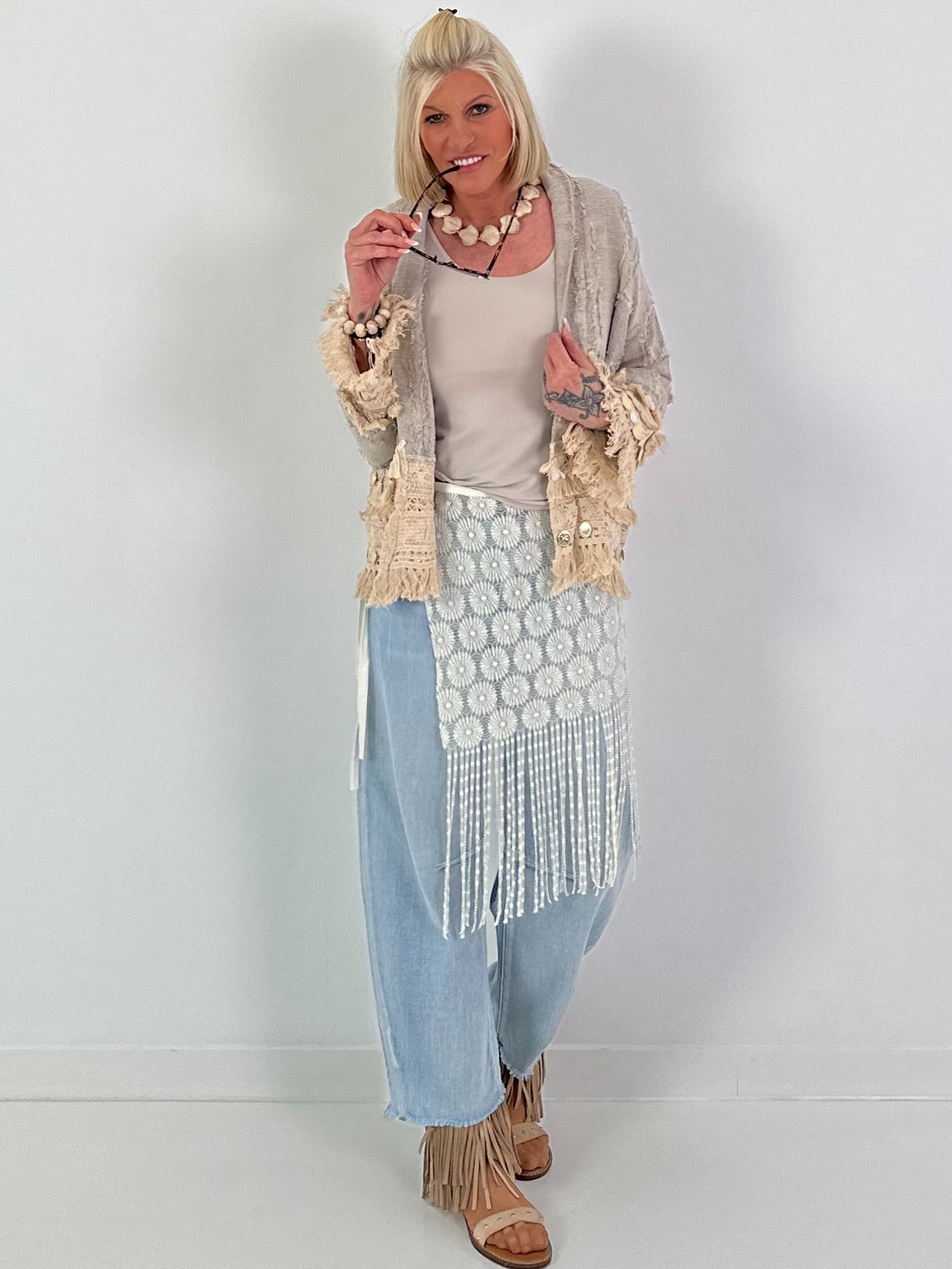 Boho-jasje met uitgebreide details - beige-blauw