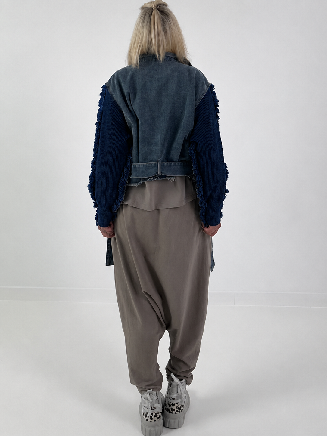 Denim jacket with knitted sleeves - denim-navy