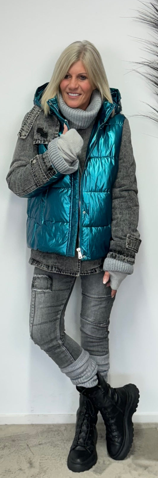 denim jacket with quilted vest - silver-grey