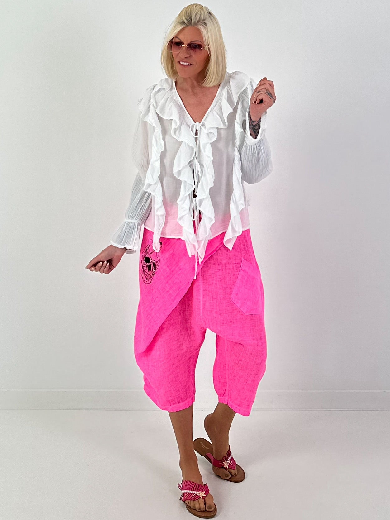 Tunic with Tie and Ruffles - White