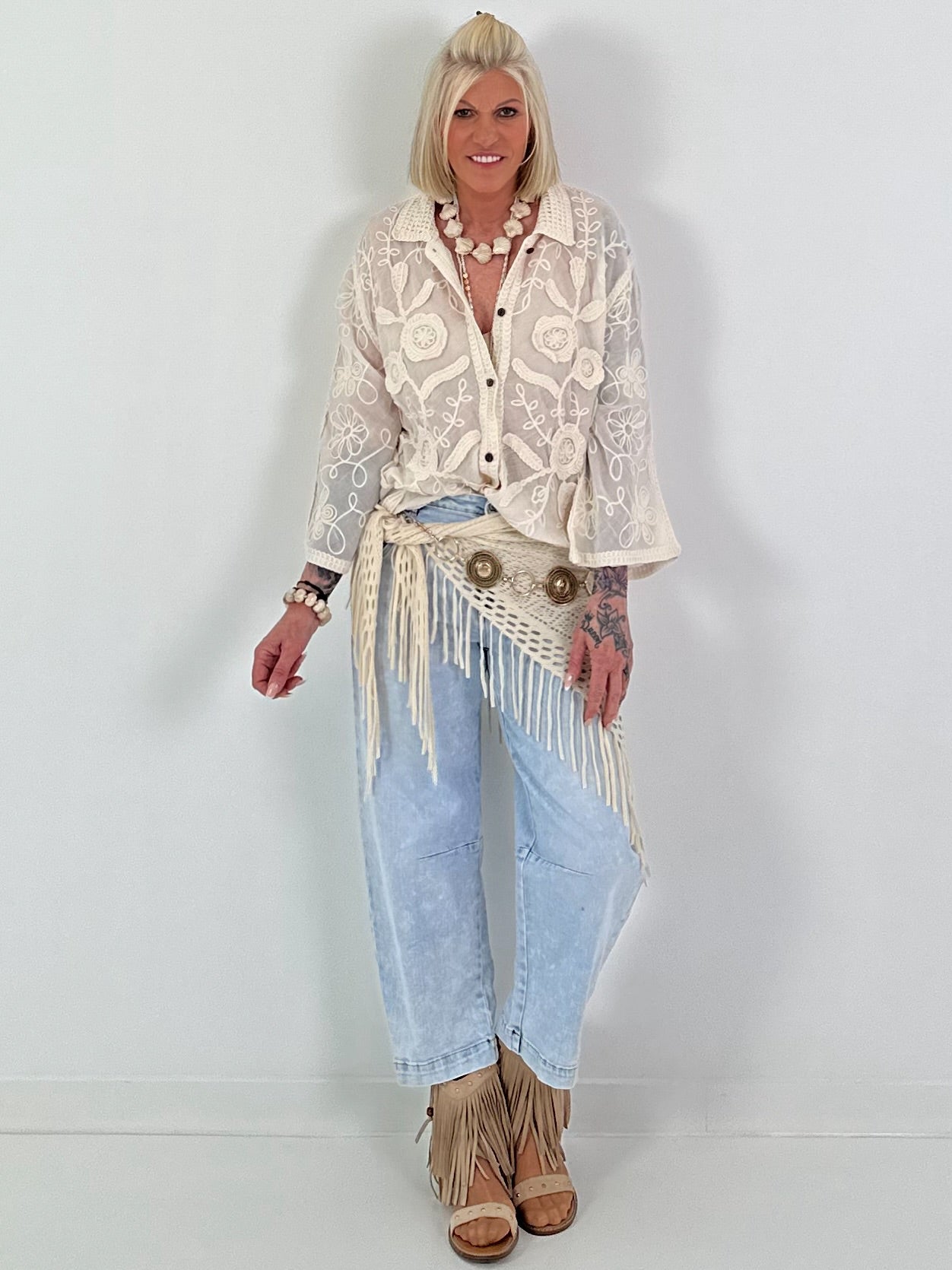 Boho Blouse with Crochet Collar - Beige