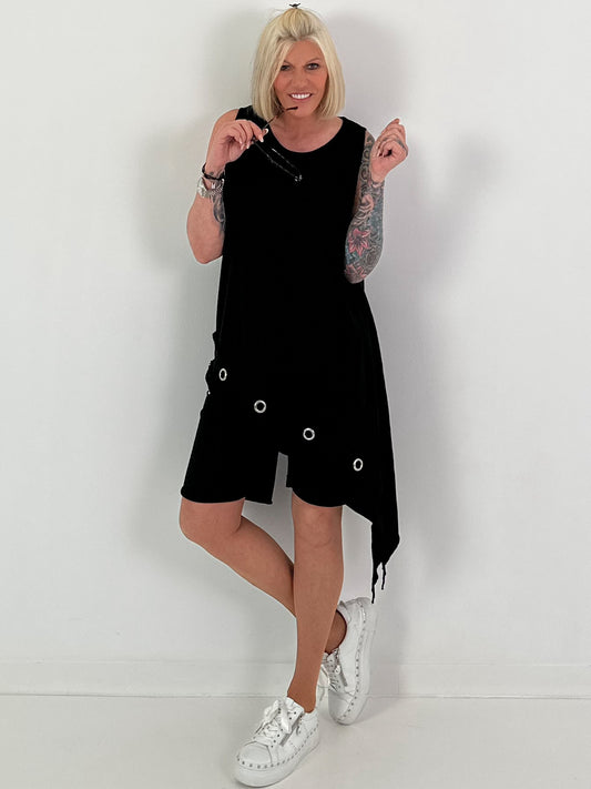 Long Top asymmetrisch mit Ösen - schwarz