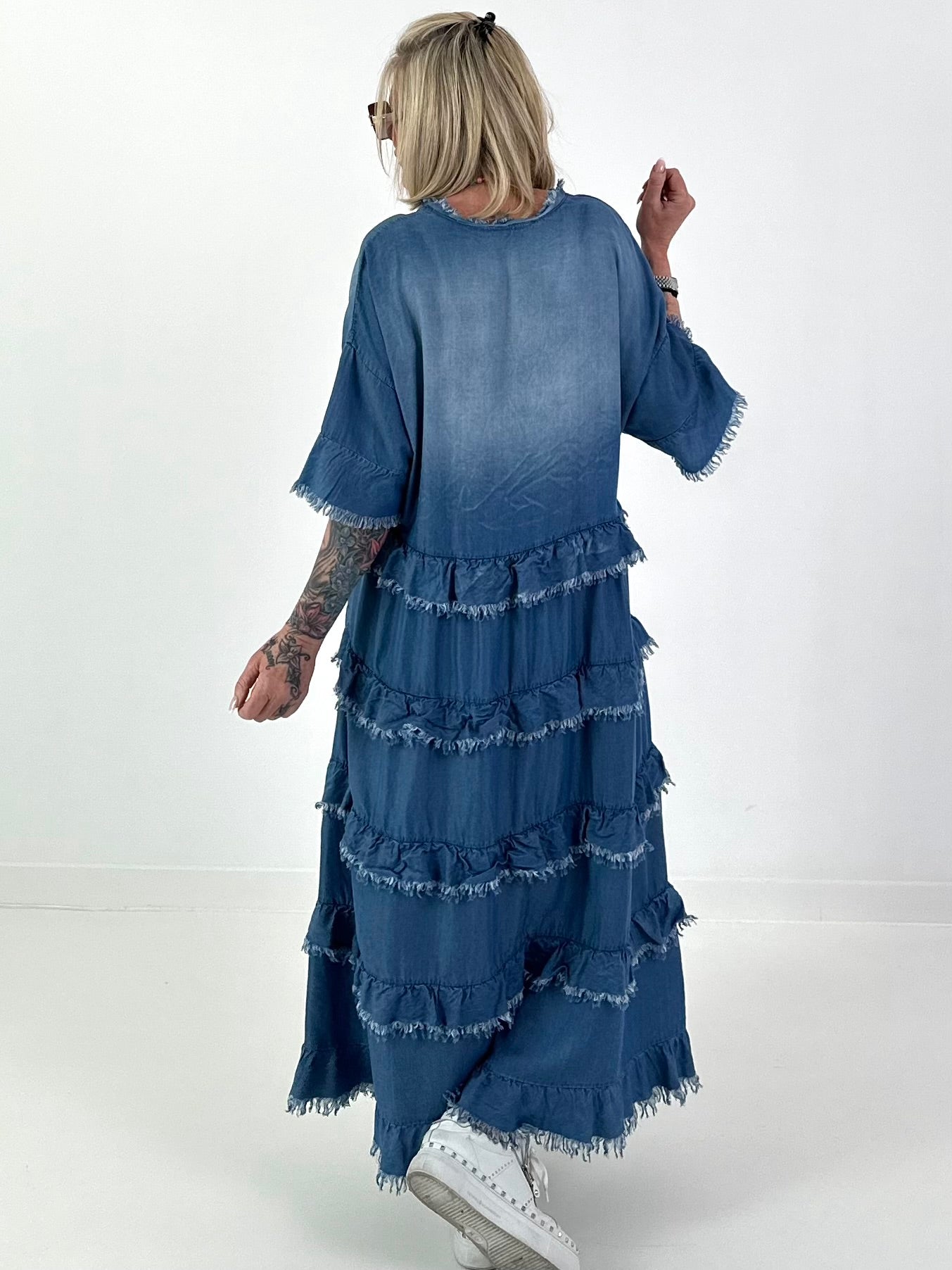 Dark blue ruffled denim dress