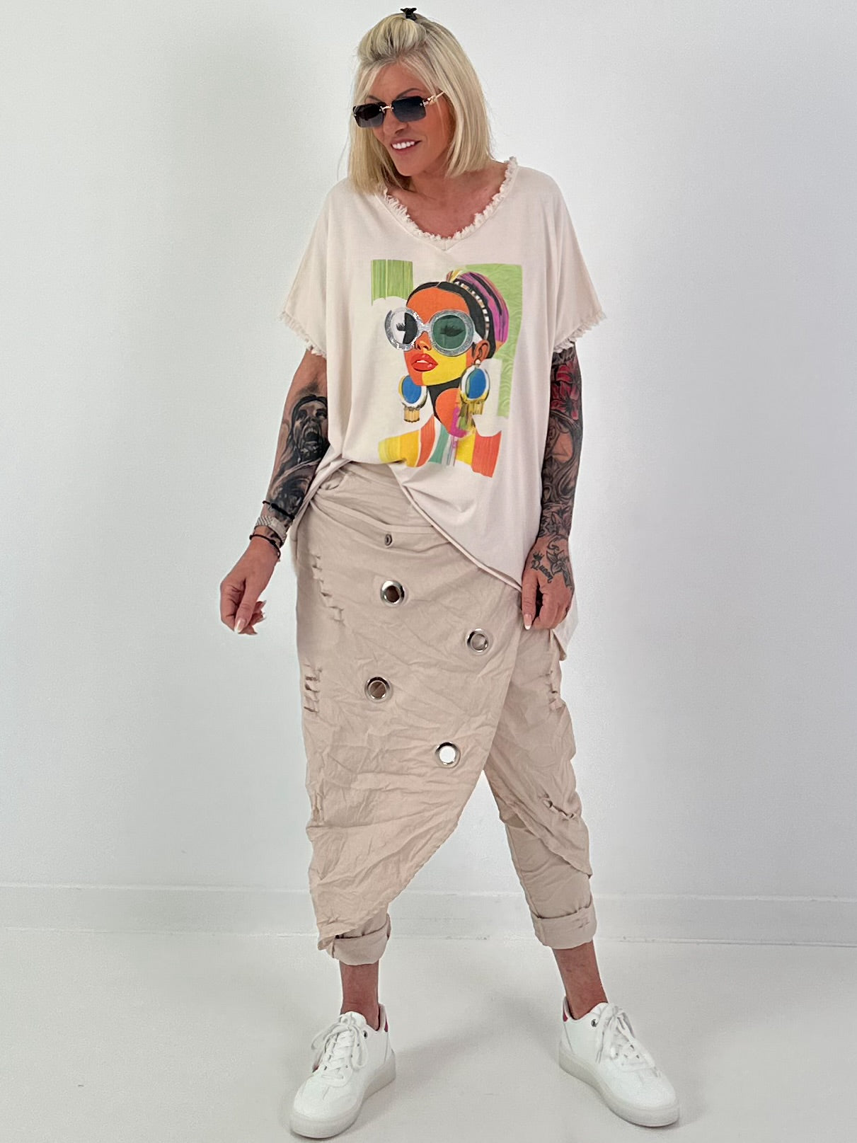 Oversized Shirt with Front Print - beige