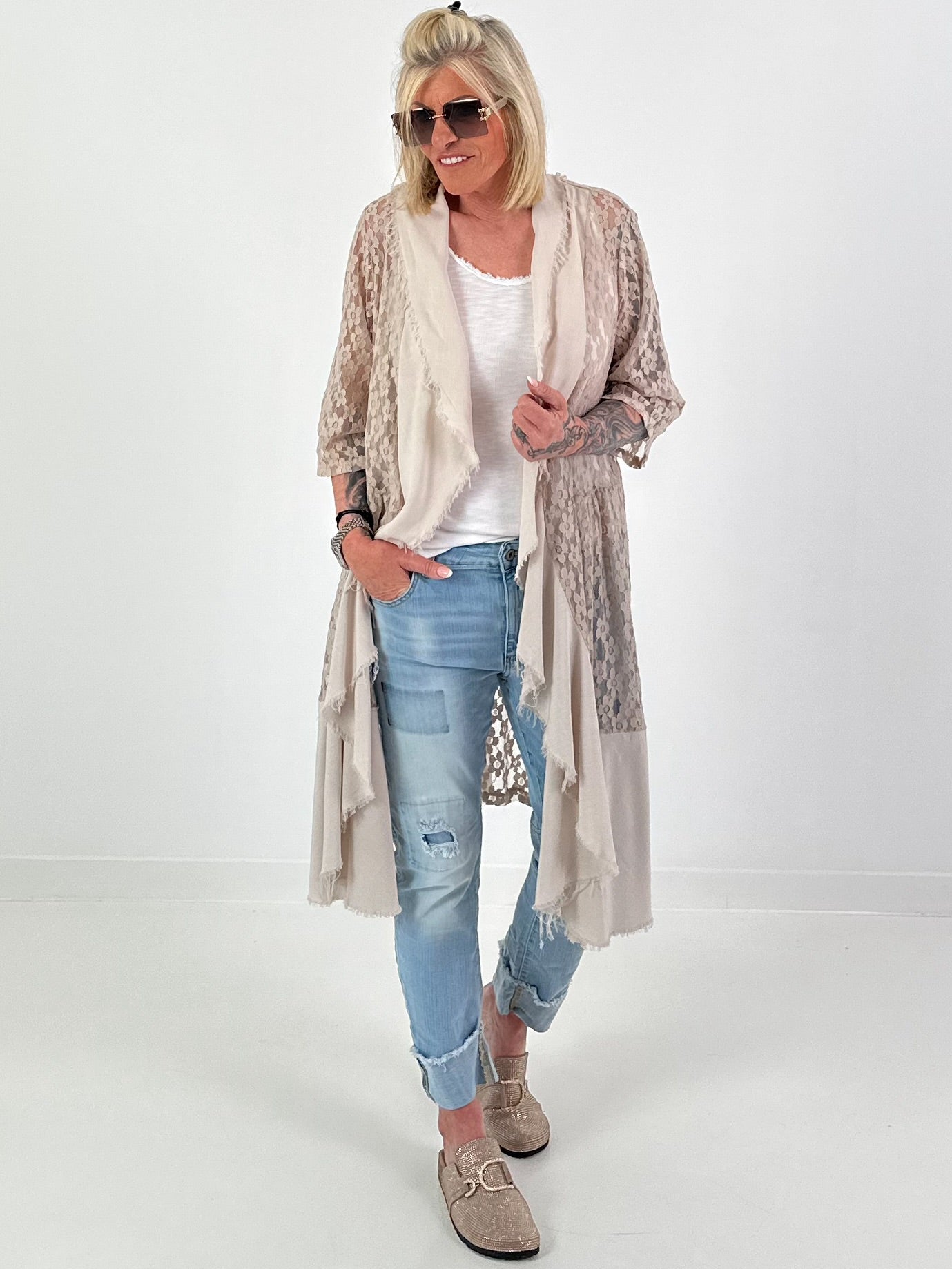 Lace coat in a material mix - beige