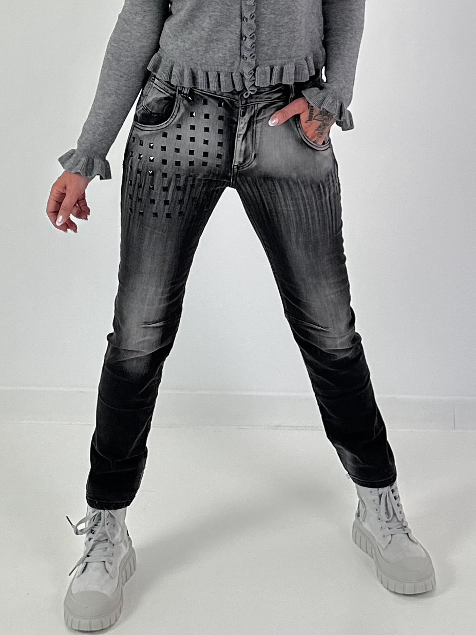 Jeans mit aufwendigen Details - used-black