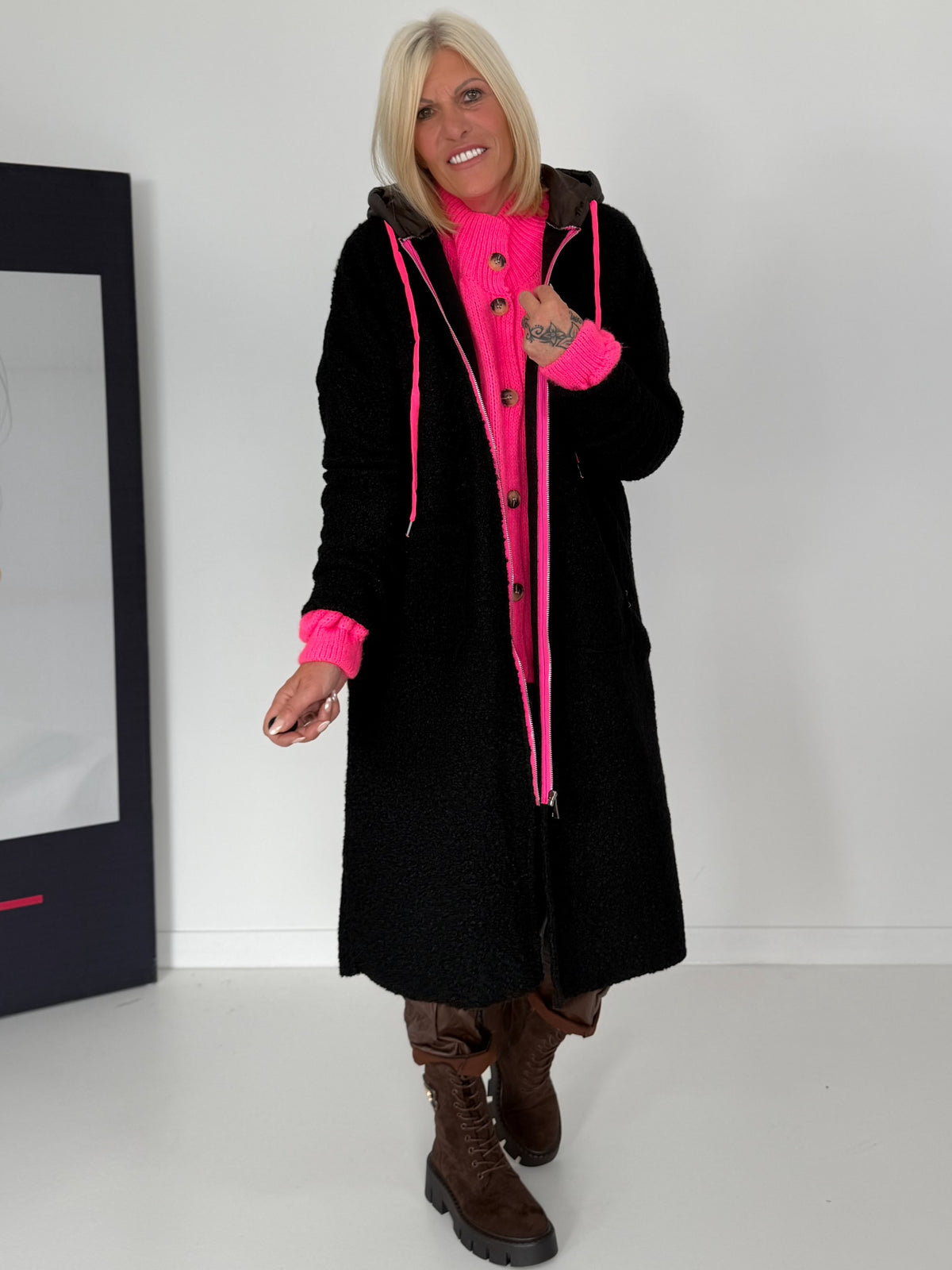 Coat with teddy curl look and neon accents - black