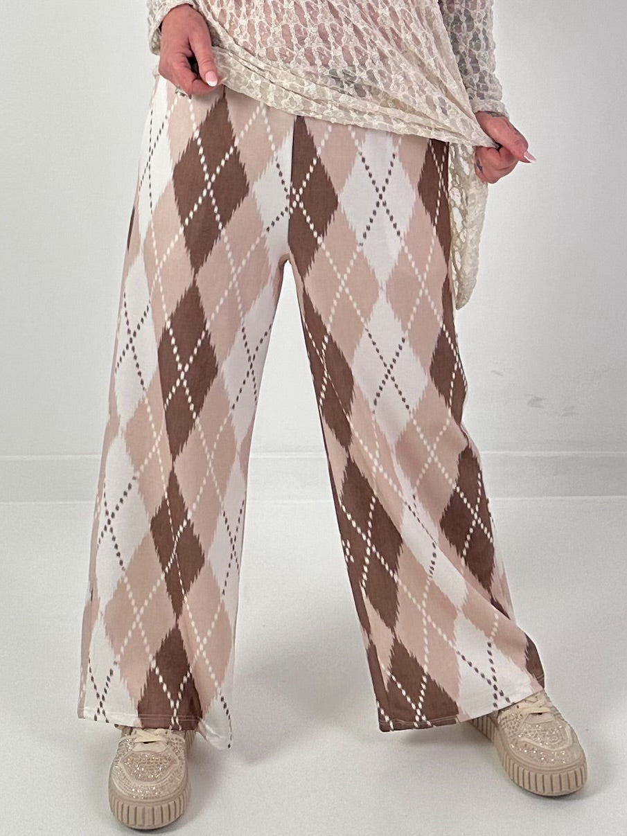 Hose mit Rautenmuster - beige-braun-weiss