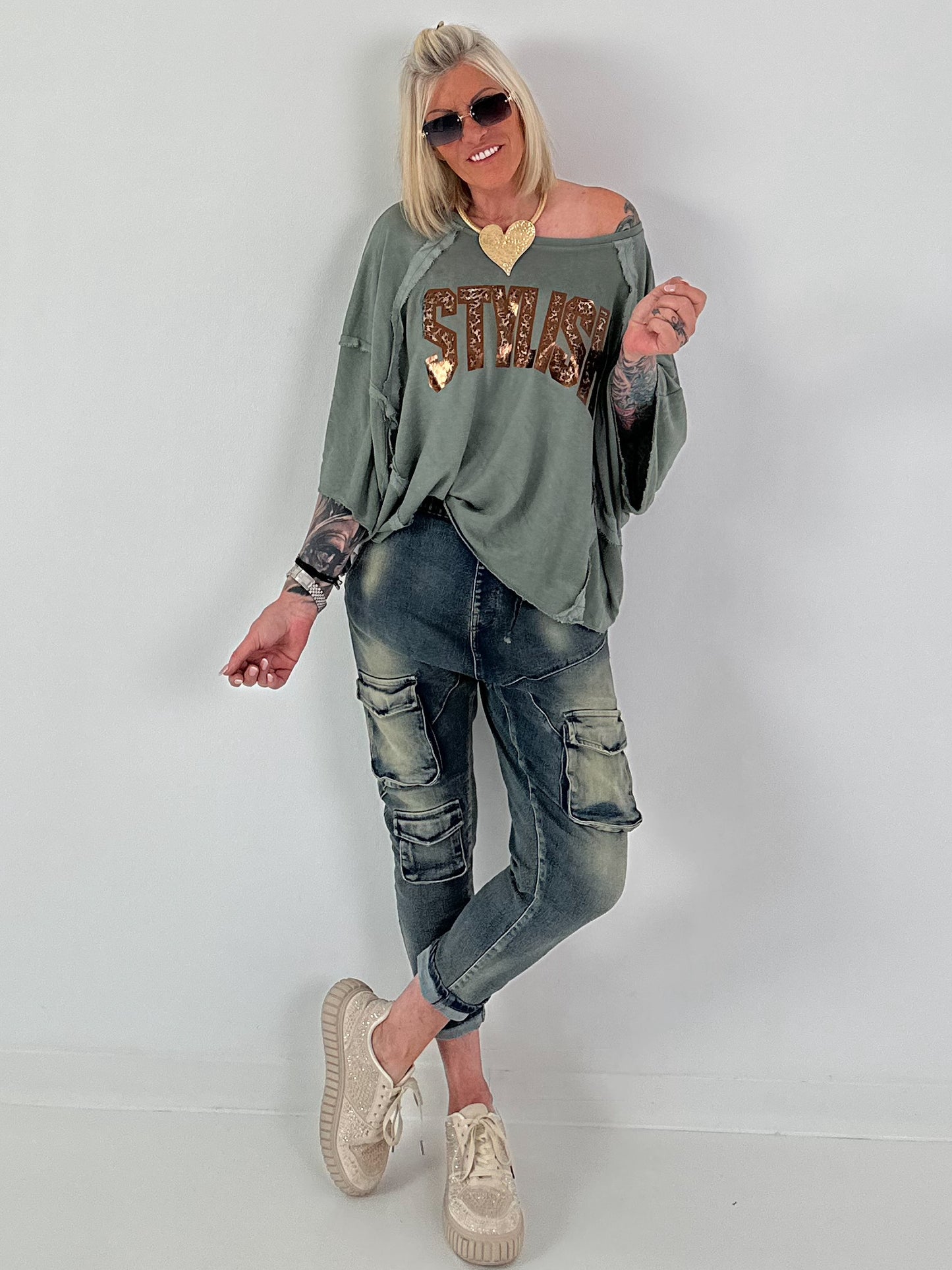 Strick Shirt mit Leo-Print - salbei