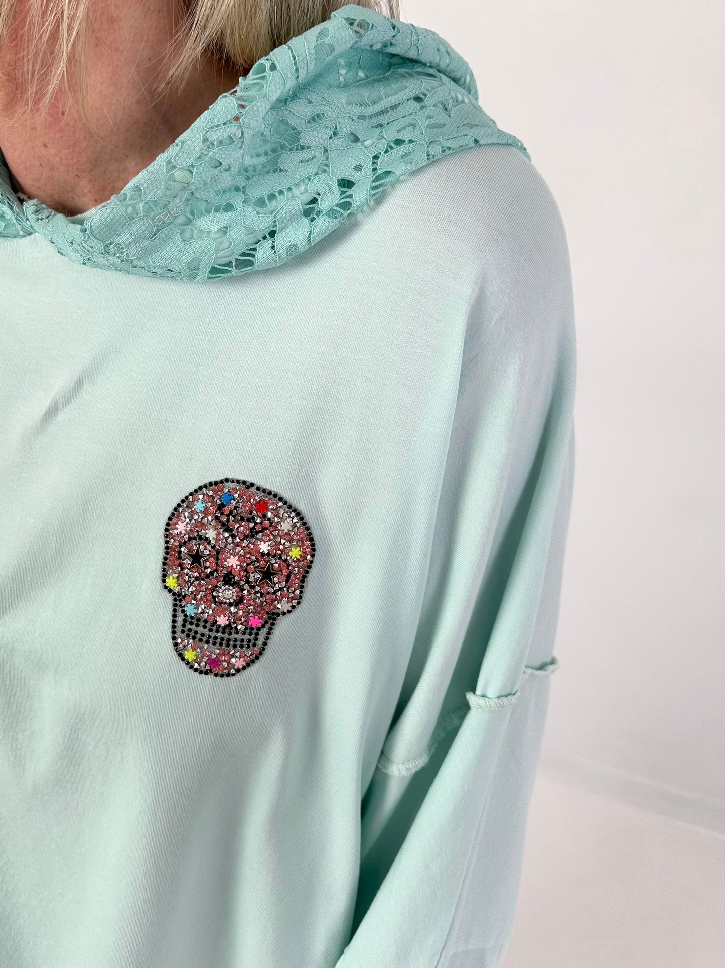 Oversized hoodie with lace hood - mint