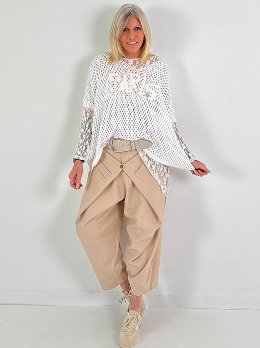 Häkelshirt mit Print - weiss