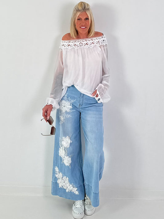 Silk tunic with crocheted neckline - white