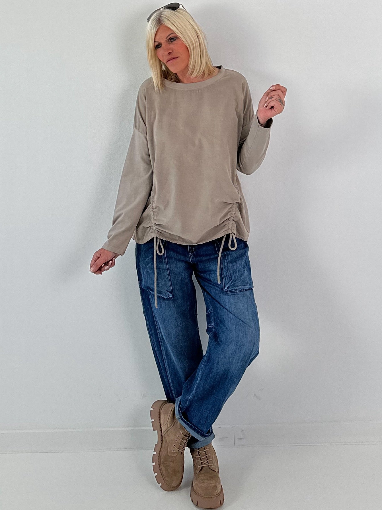 Feinkord Shirt mit Sweati Armen und Rücken - taupe