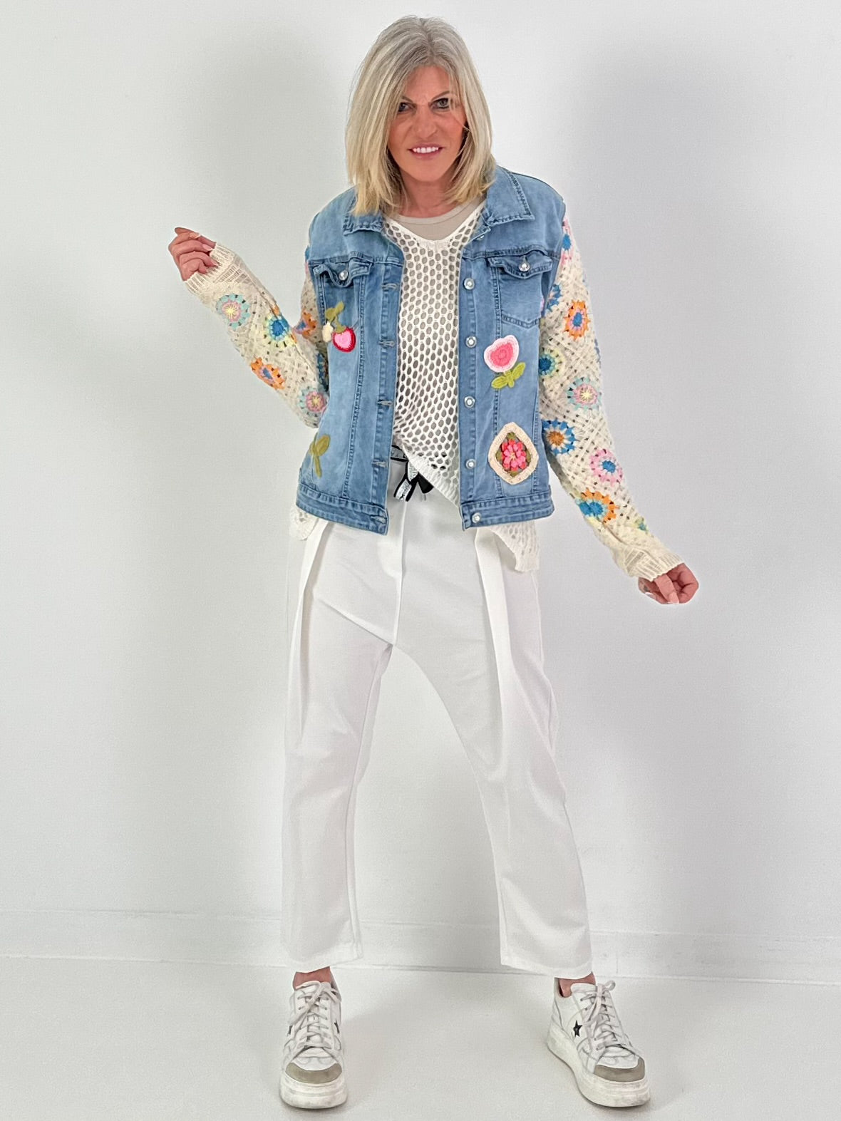 Denim jacket with crocheted sleeves - denim