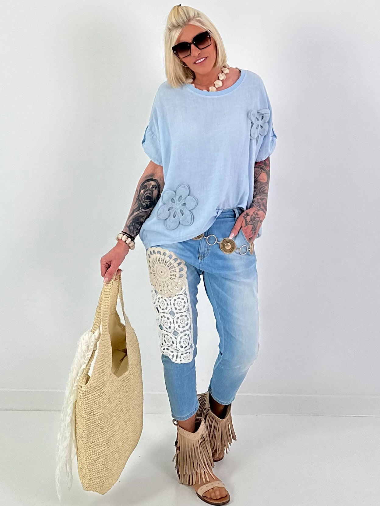 Linen shirt with crocheted floral appliqués - light blue