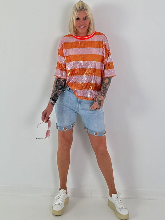 Pailletten Shirt mit Streifen - rosa-orange