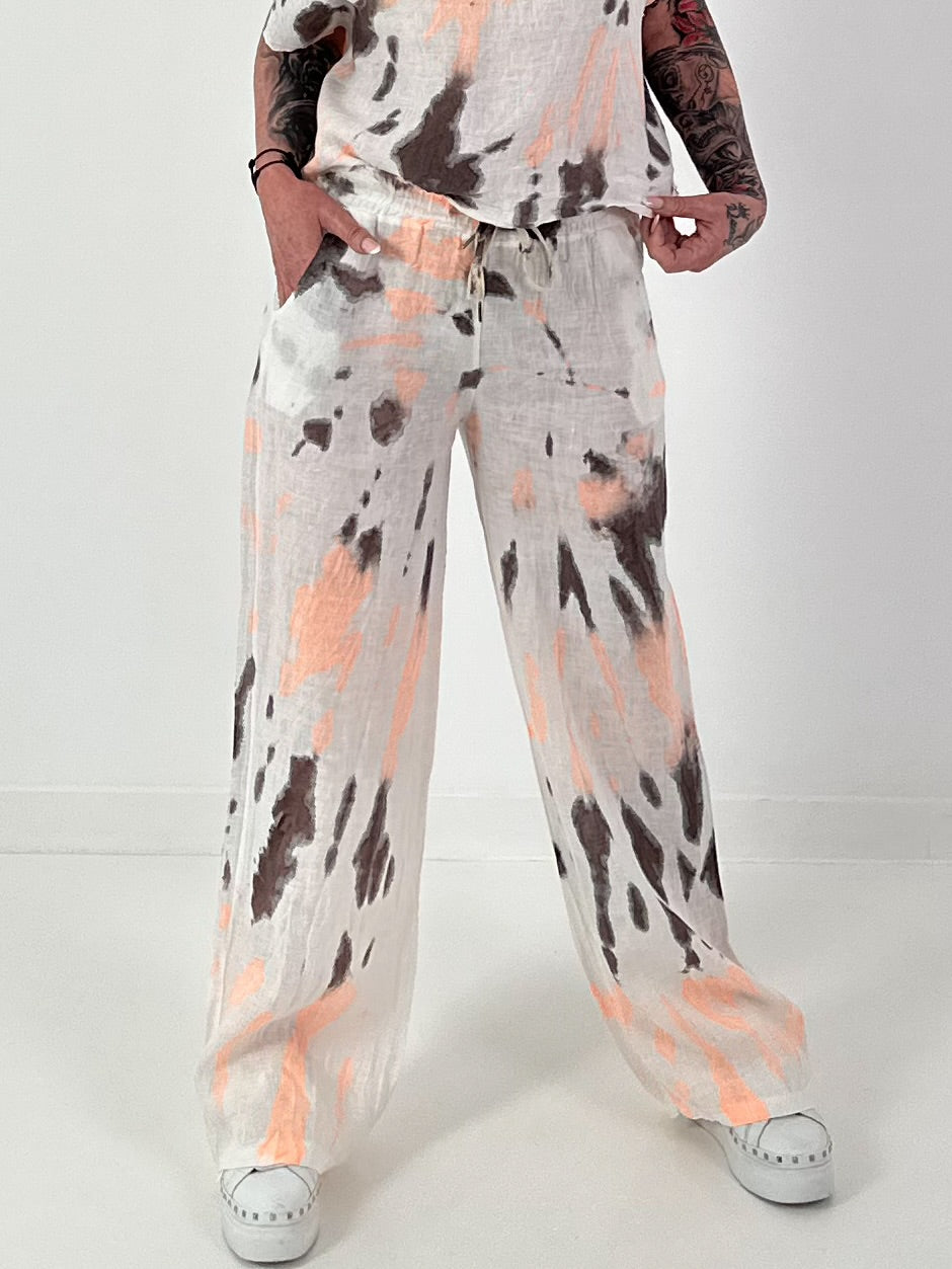 Batik Leinen Hose mit weitem Bein - weiss-neonorange-dunkelbraun