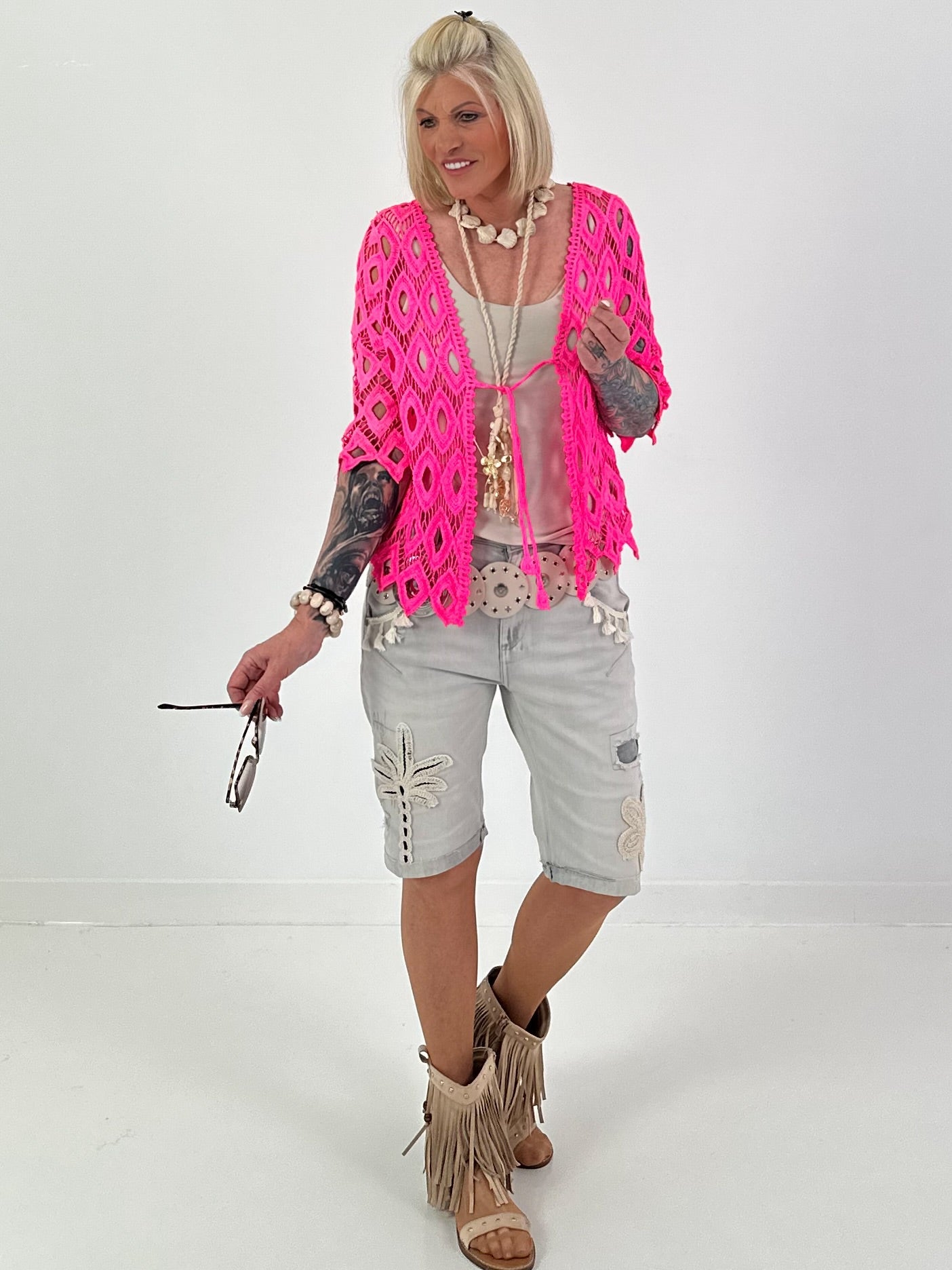 Crochet tie-front cardigan - neon pink