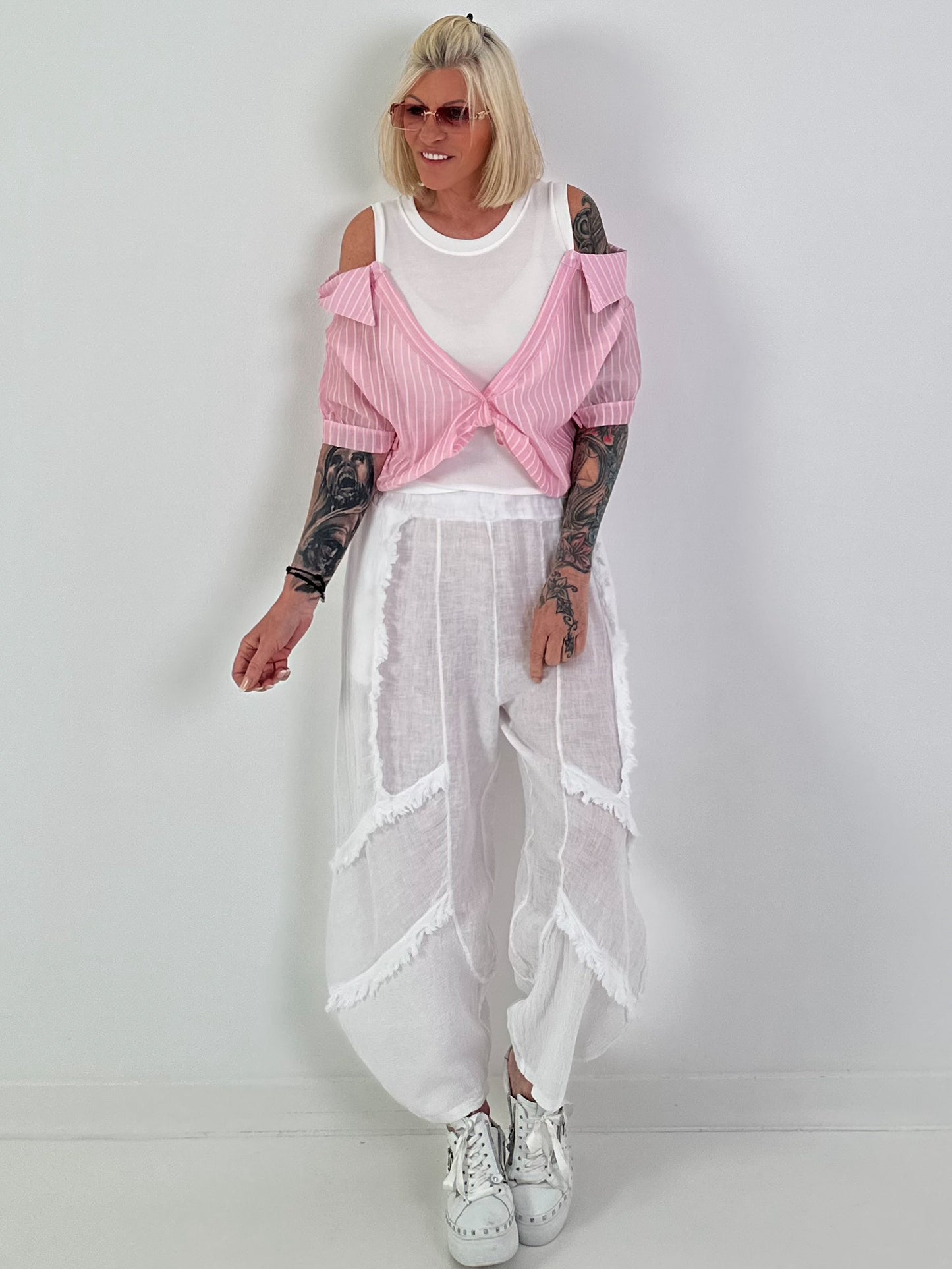 Ribbed Top with Blouse Layering - white-pink