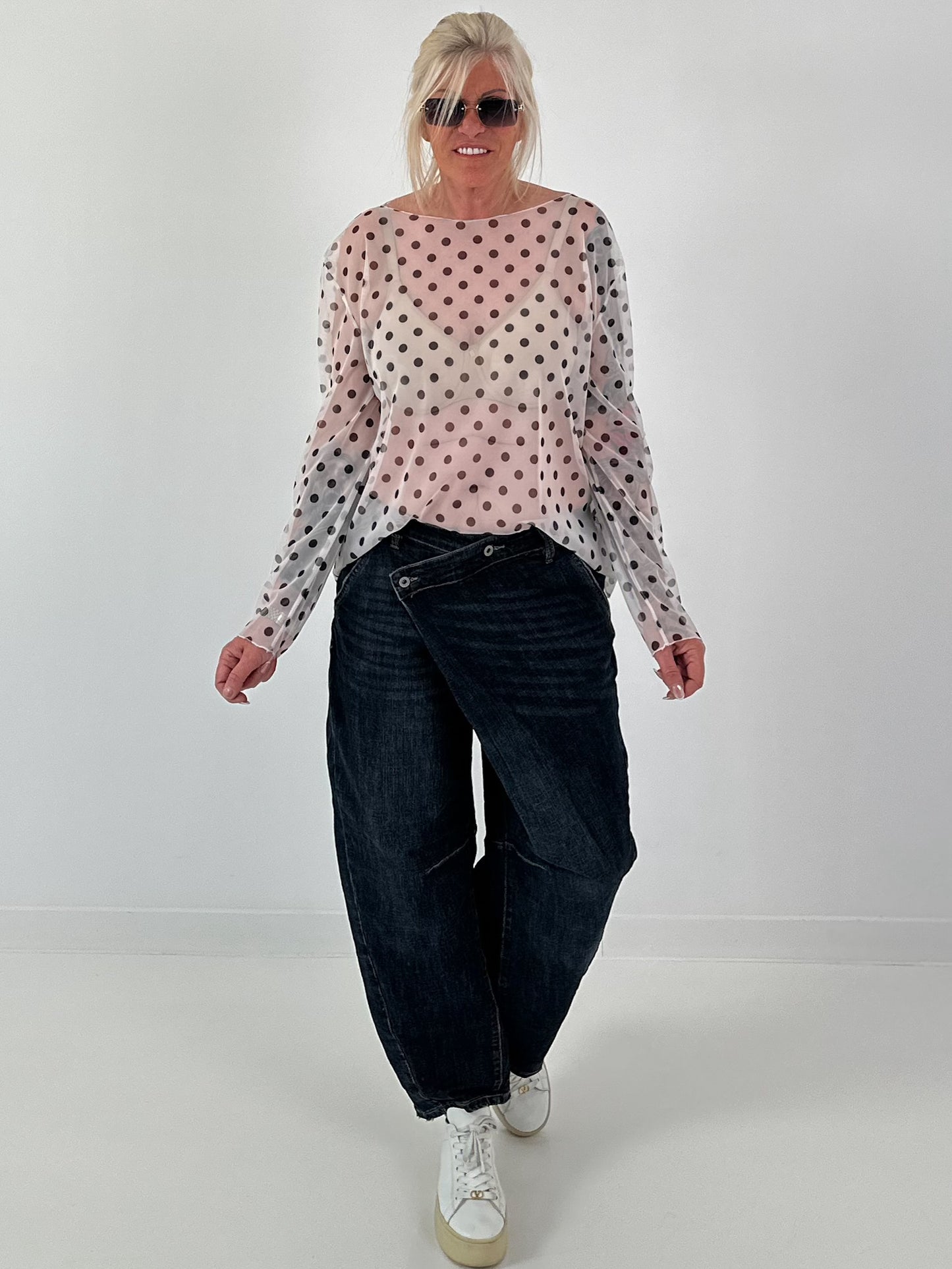 Mesh Shirt mit Punkten - creme
