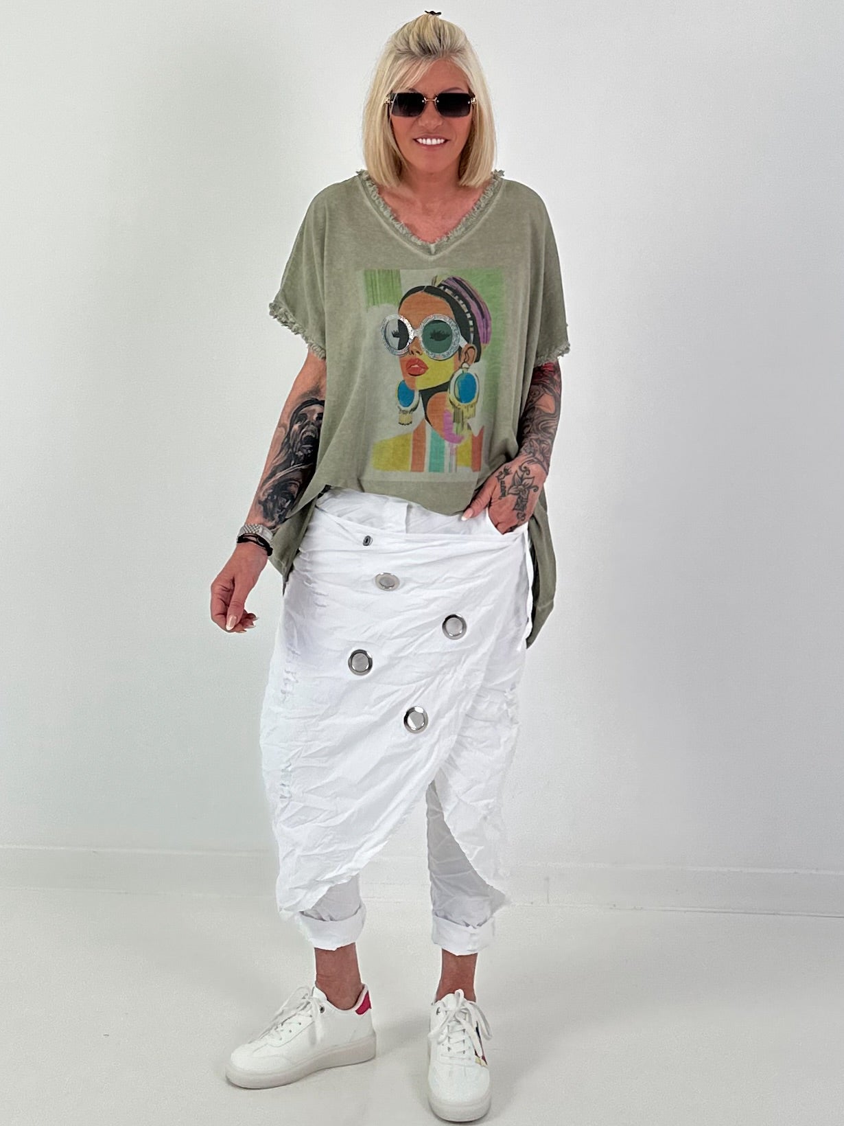Oversized Shirt with Front Print - Khaki