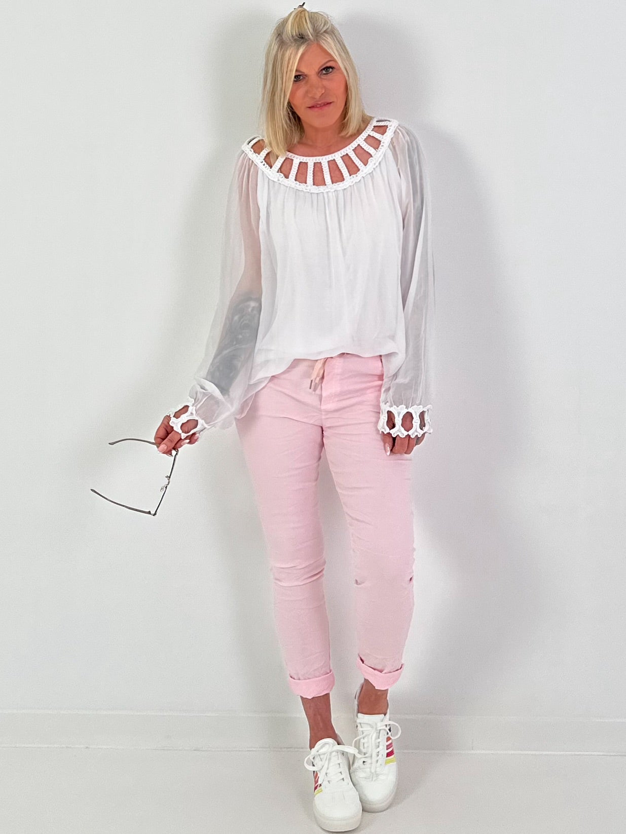 Silk Tunic with Crocheted Neckline - White