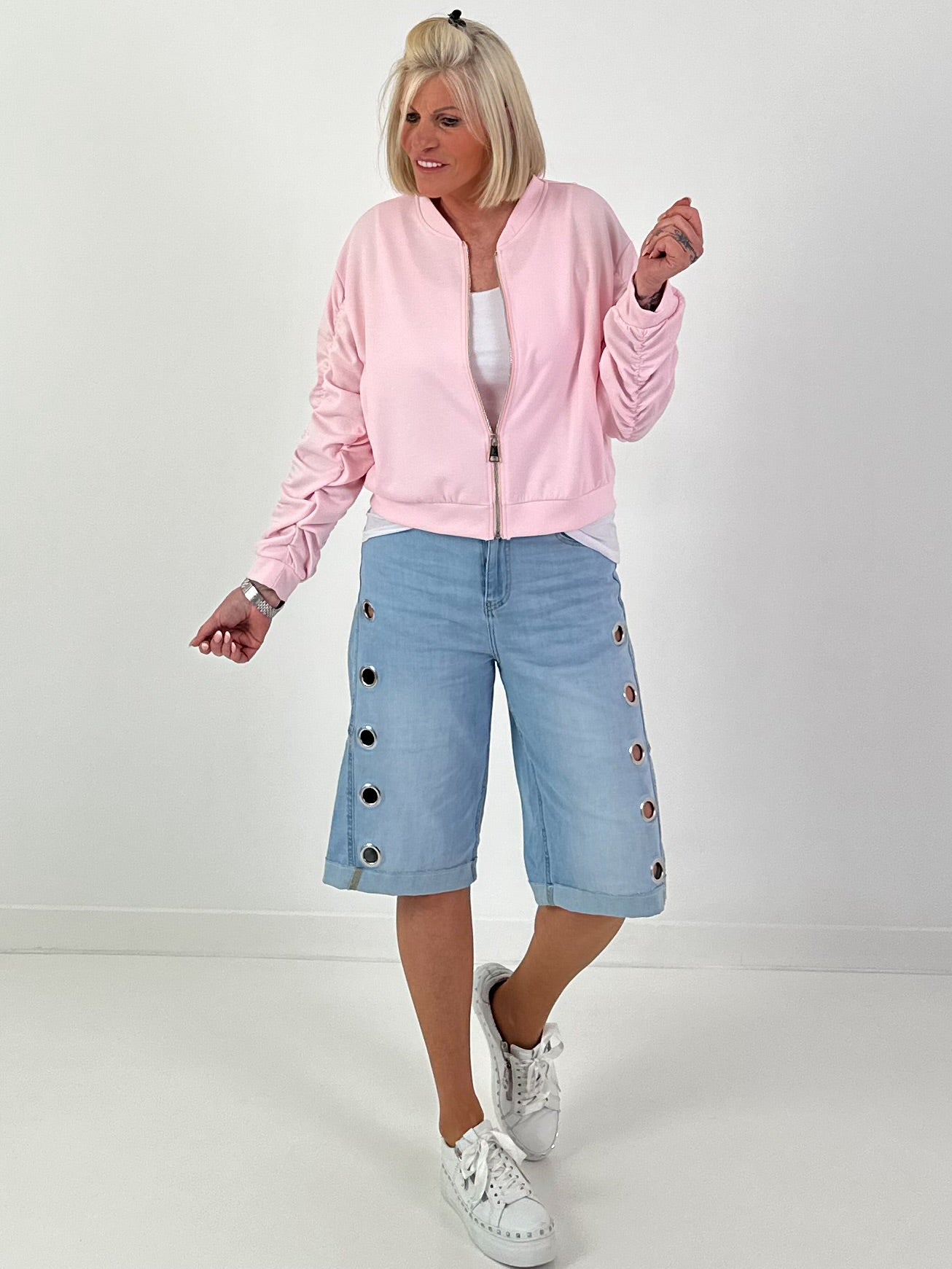 Bomber jacket with ruched sleeve - pink