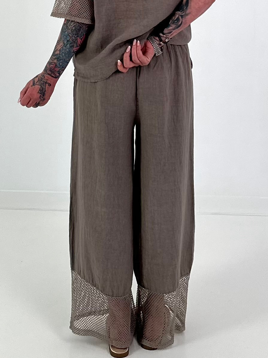 Wide Leg Linen Trousers - Taupe